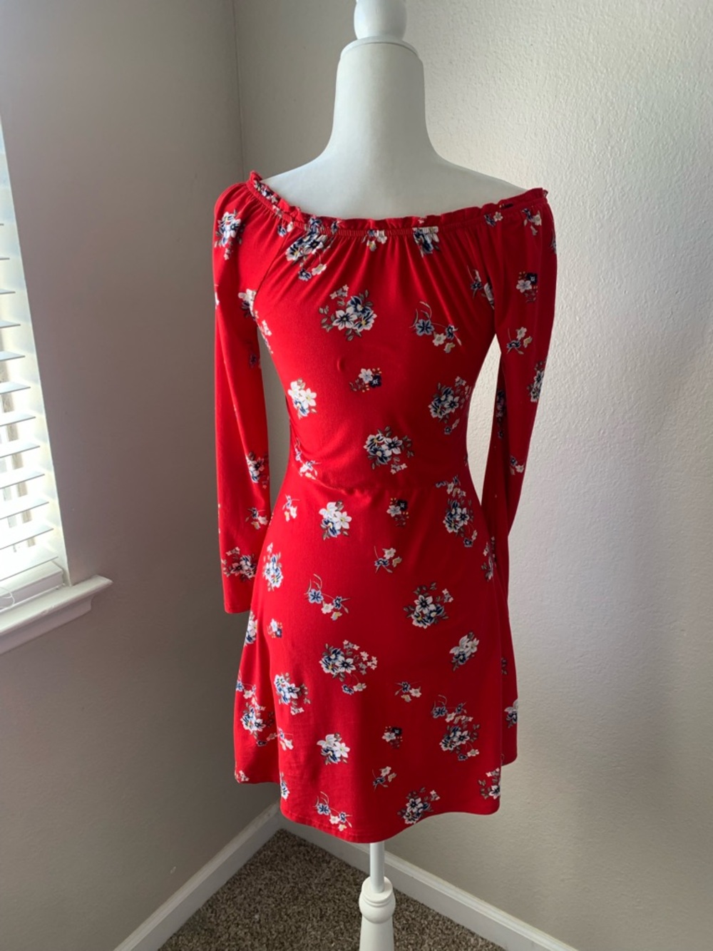 No Boundaries Red Floral Long Sleeve Button-Front Dress - Picture 4 of 6